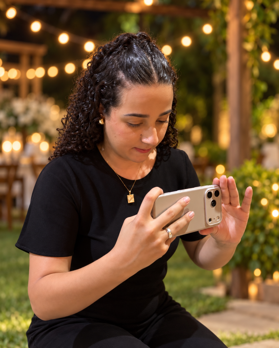 Vitória Madureira em um retrato profissional, trabalhando com seu celular